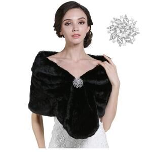 4388 Women's Faux Fur Shawls And Wraps- Sleeveless Stoles With Brooch